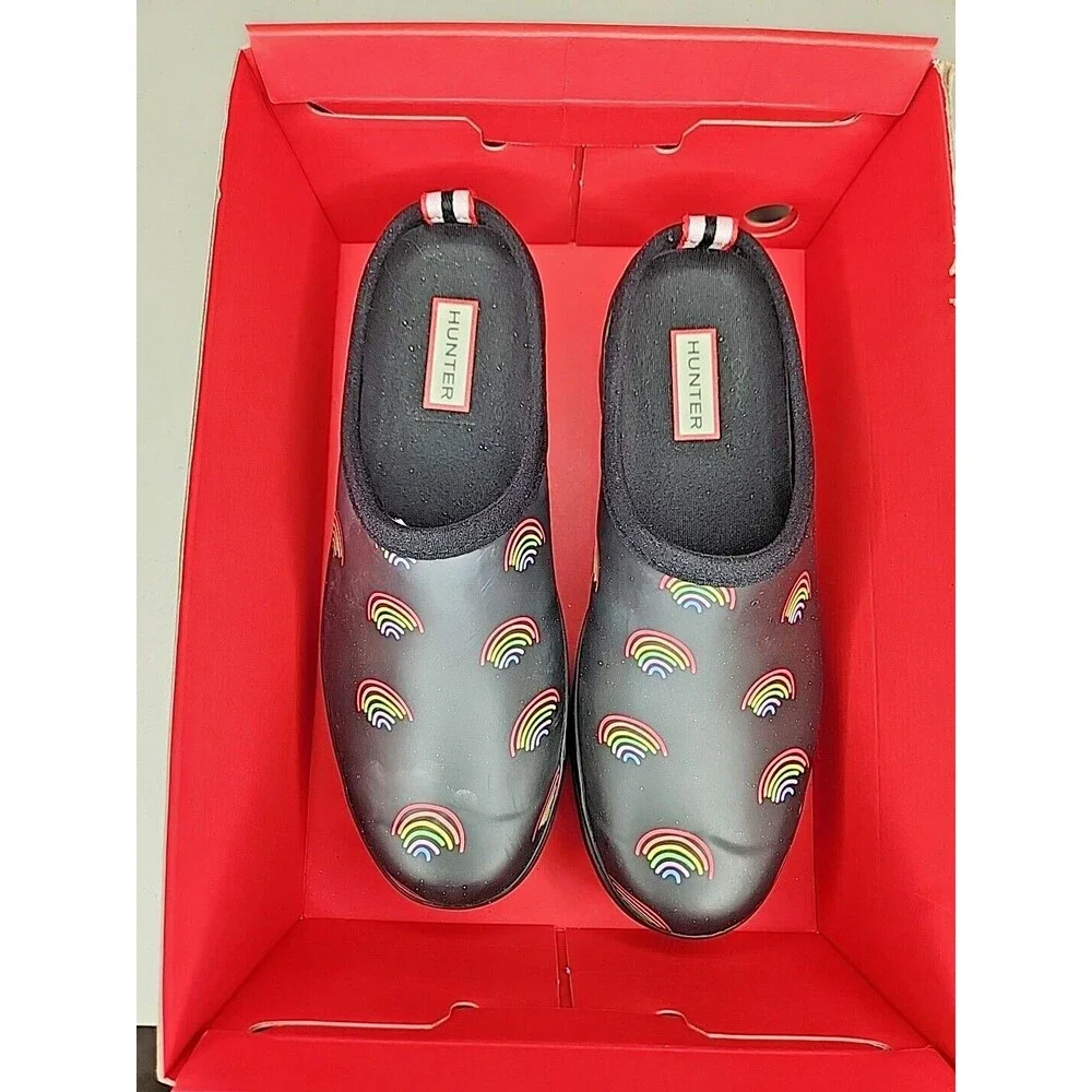 Nwb Hunter Women's Original Waterproof Play Mini Rainbow Print Clogs Size 8 - Picture 1 of 12